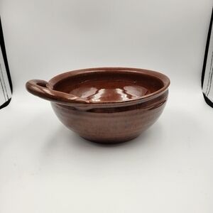 Vintage Redware Pottery Bowl with Brown Glaze & Handle